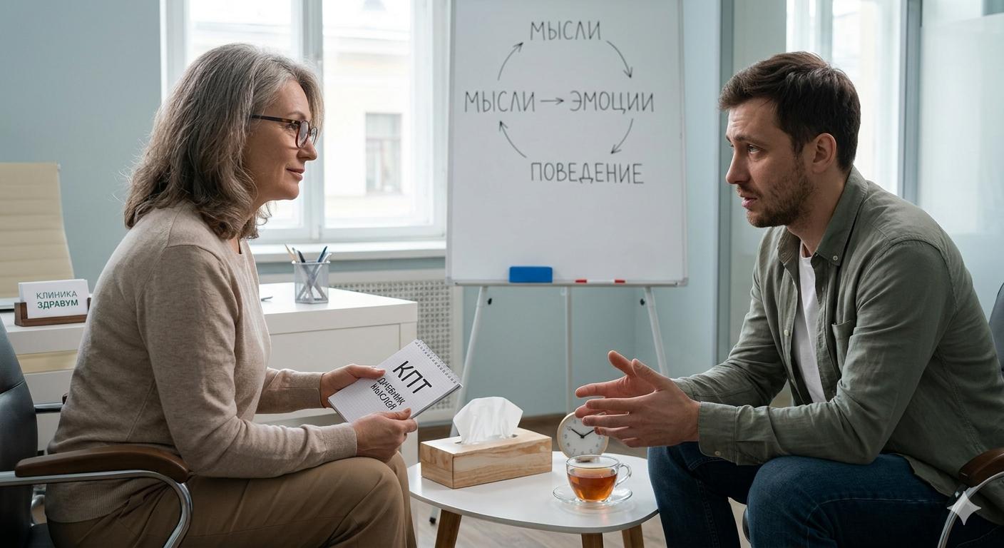 Врач-психотерапевт проводит сеанс когнитивно-поведенческой терапии для лечения панических атак в кабинете клиники.